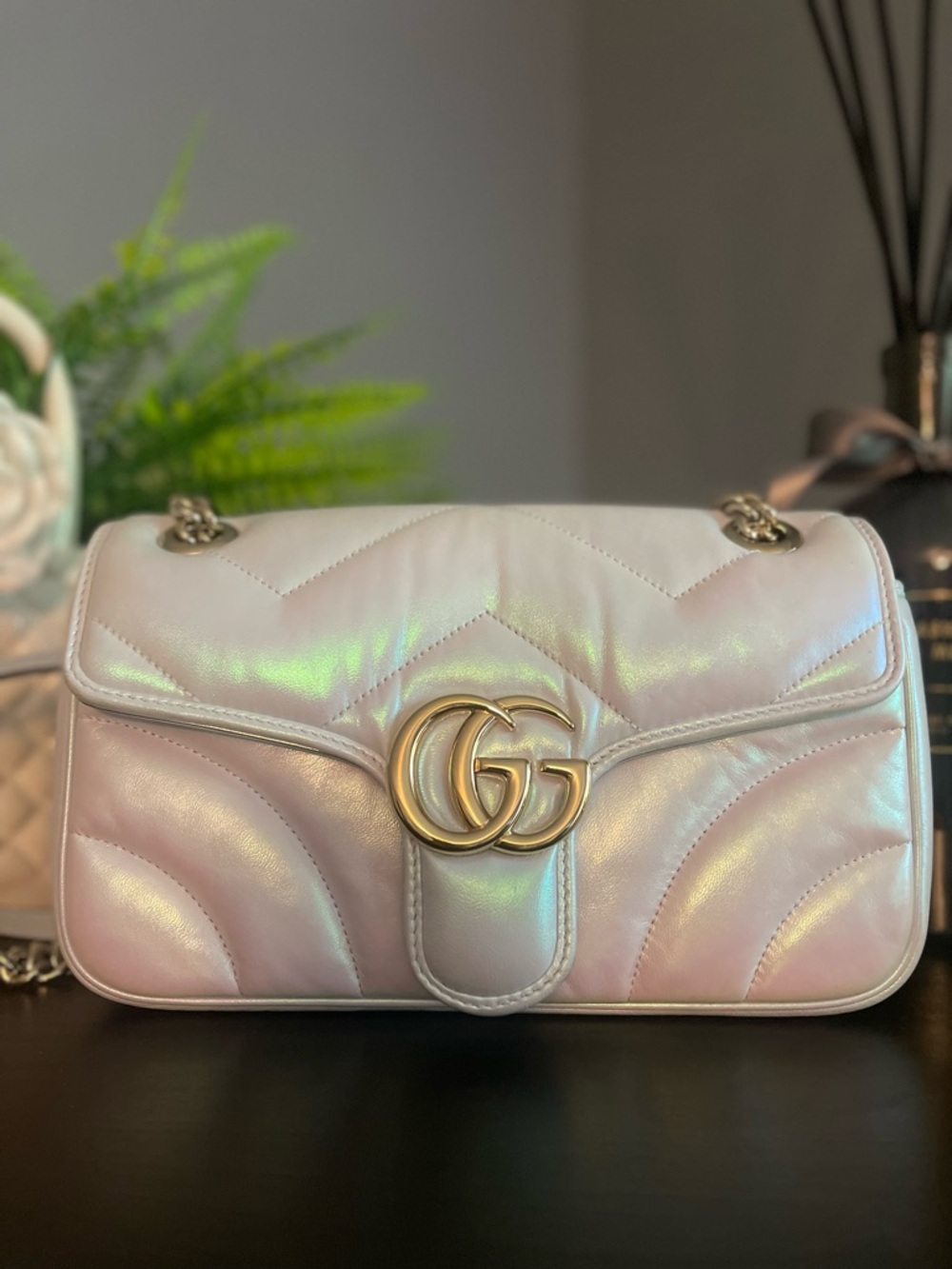 Gucci Marmont Nappa Chevron Iridescent Pink Bag w/ Gold Hardware